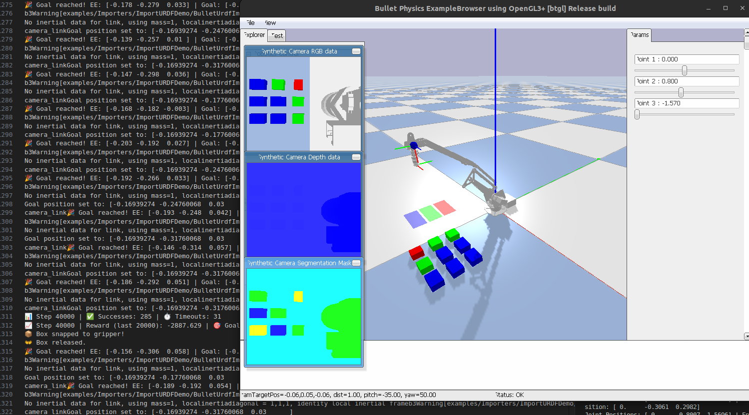 A simulation environment for a robotic arm using Bullet Physics ExampleBrowser with OpenGL3+. On the left side, there's a terminal displaying log messages about the robotic arm's movements and tracking its goal positions.